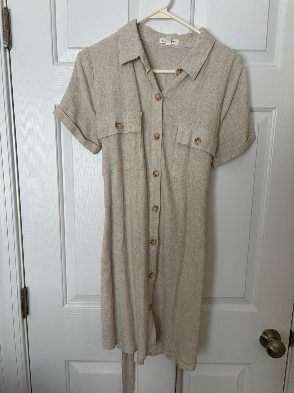Blu Pepper Linen-Blend Cream Button-Front Midi Dress Size Medium